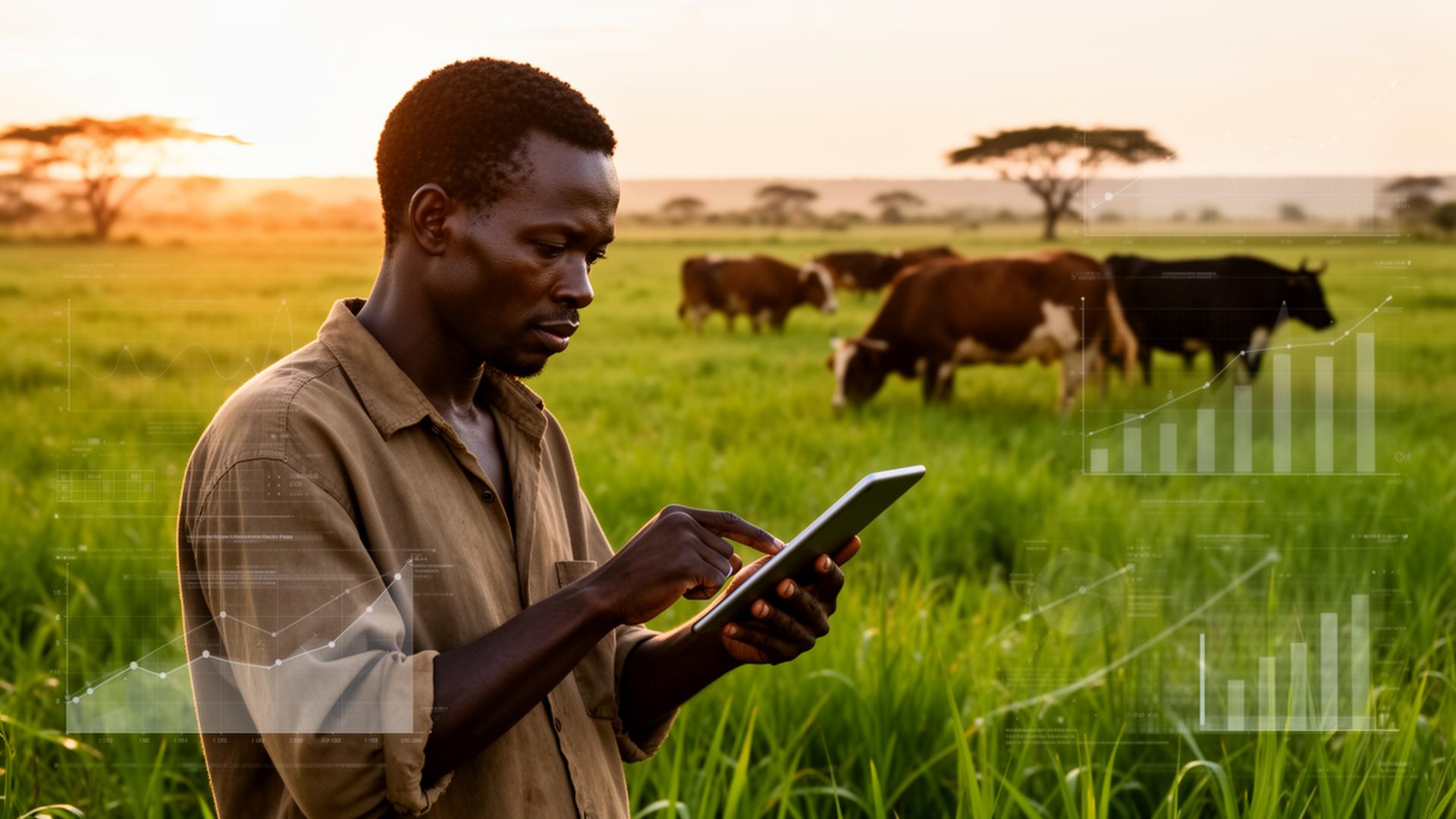 African farmer using a tablet with data overlay