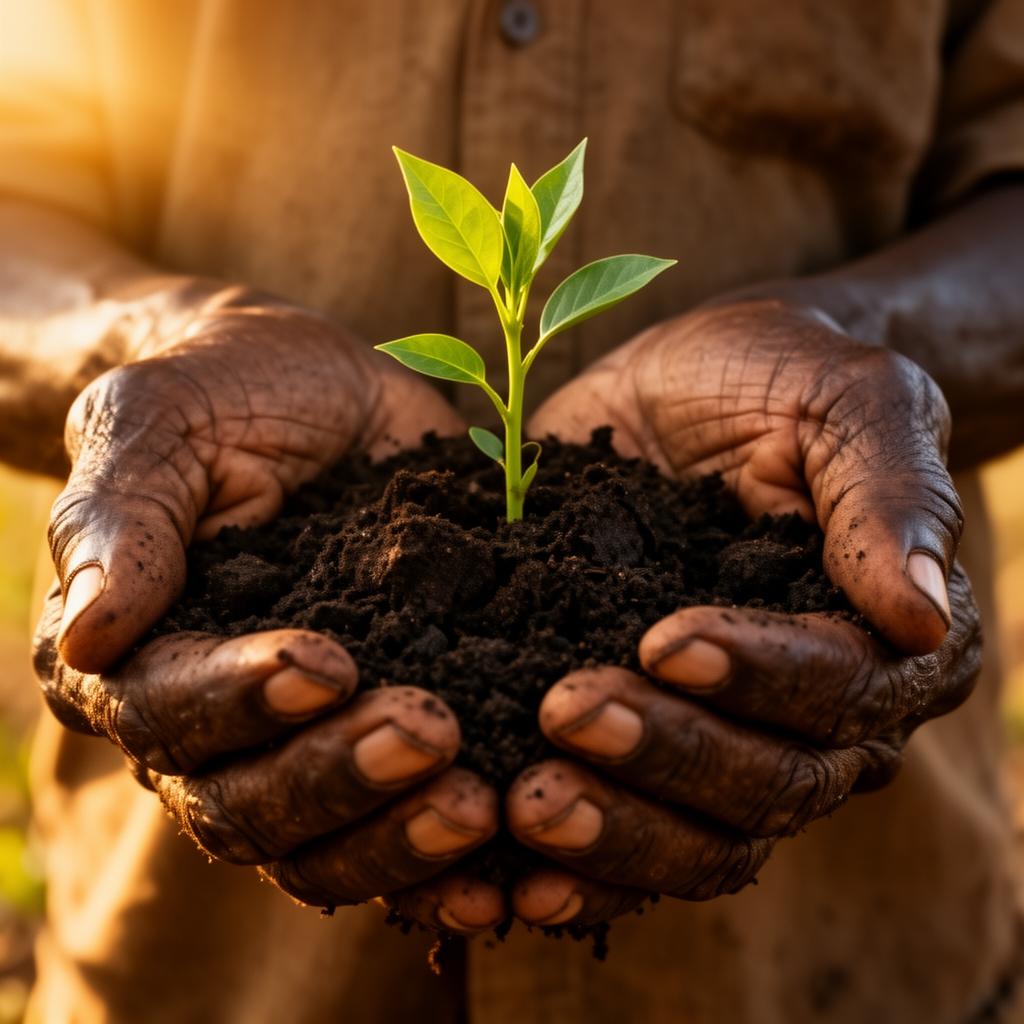 Farmer's hands holding rich soil with a seedling