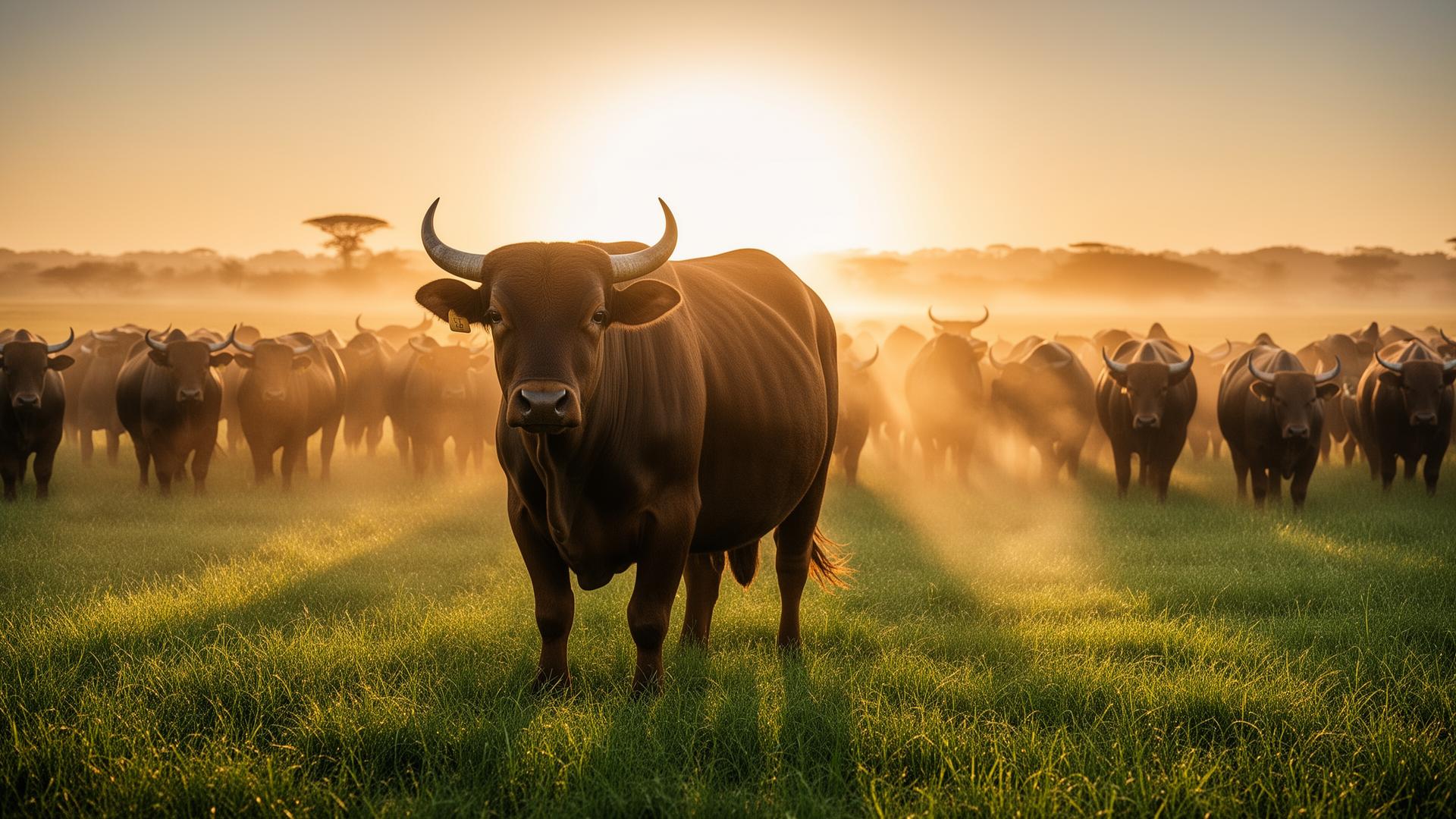 African beef cattle herd at sunrise