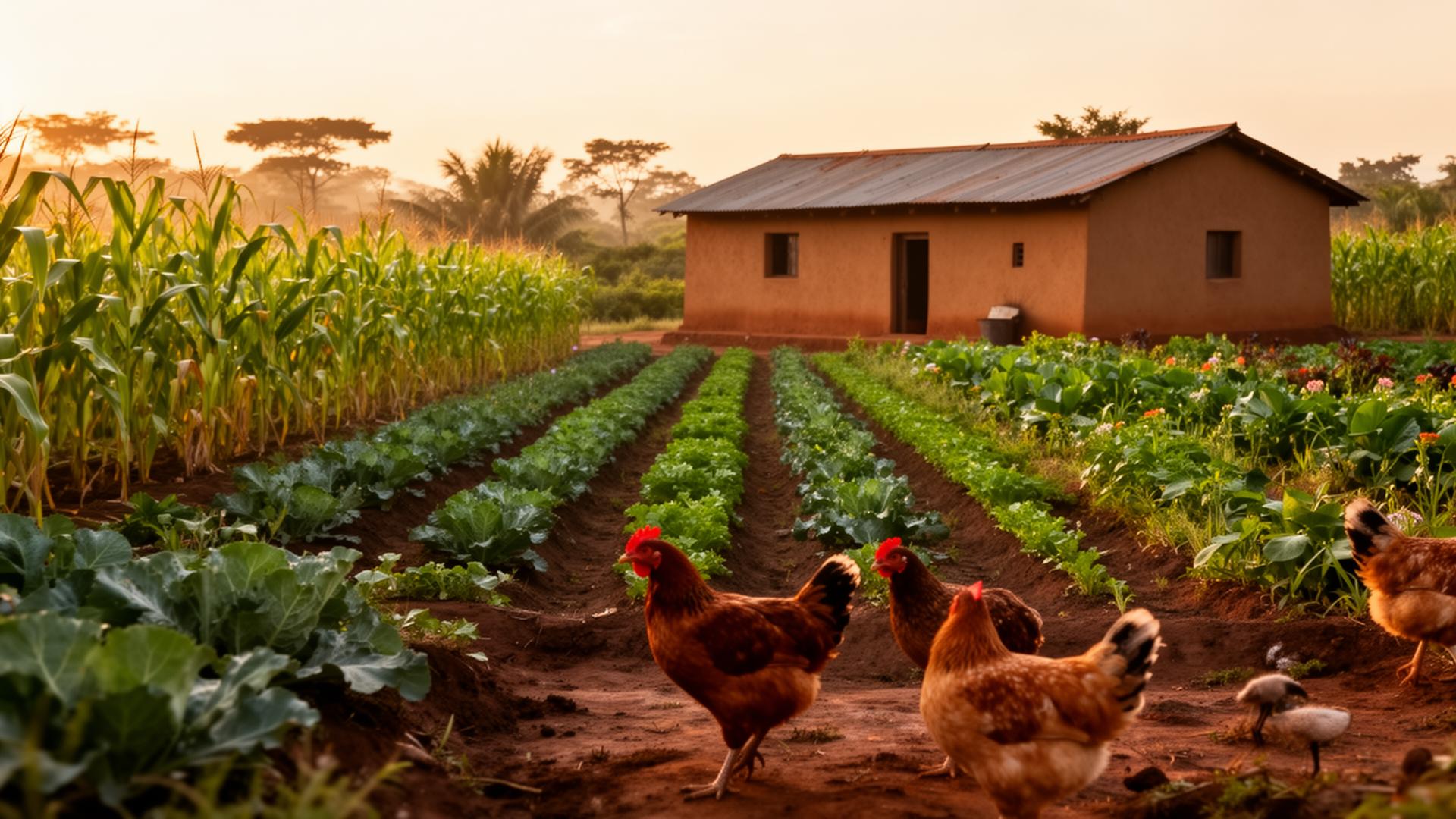 Family-run African smallholder farm with chickens and crops